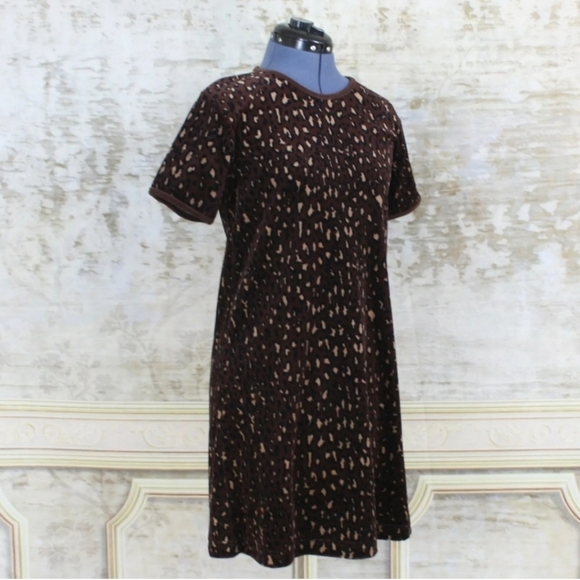 Vintage 1990s Shift Dress Leopard Print Velour Velvet Jumper Brown Grunge VTG - Picture 3 of 9